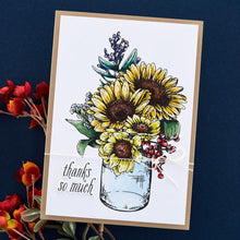 Load image into Gallery viewer, Spellbinders - BetterPress Plate &amp; Die Set - Sunflower Bouquet Press. Sunflower Bouquet Press Plate &amp; Die Set is part of the Sentiments for All Seasons Collection and comes with a lovely sunflower bouquet in a container press plate. Available at Embellish Away located in Bowmanville Ontario Canada. Example by brand ambassador.
