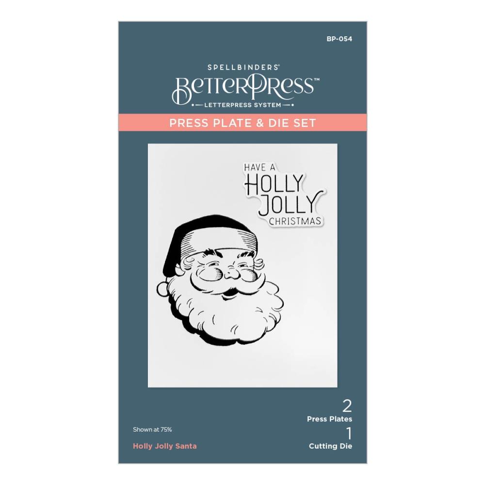 Spellbinders - Better Press Plates & Die Set - Holly Jolly Santa. From the More BetterPress Christmas Collection with two press plates of a sweet and jolly Santa face and the perfect sentiment makes a great pair! Available at Embellish Away located in Bowmanville Ontario Canada.