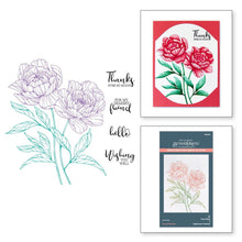 Charger l&#39;image dans la galerie, Spellbinders - BetterPress Press Plate - Peony Perfection Registration. The set of six press plates and one mylar printed registration template come together to create a beautiful two stemmed Peony blooms with a choice of four sentiments. Available at Embellish Away located in Bowmanville Ontario Canada.
