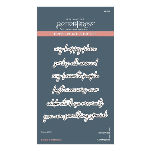 Spellbinders - BetterPress Press Plate & Die - Family Sentiments. Impress the entire plate full of everything that surrounds family in sentiments and phrases on a sweet lowercase script font. Available at Embellish Away located in Bowmanville Ontario Canada.