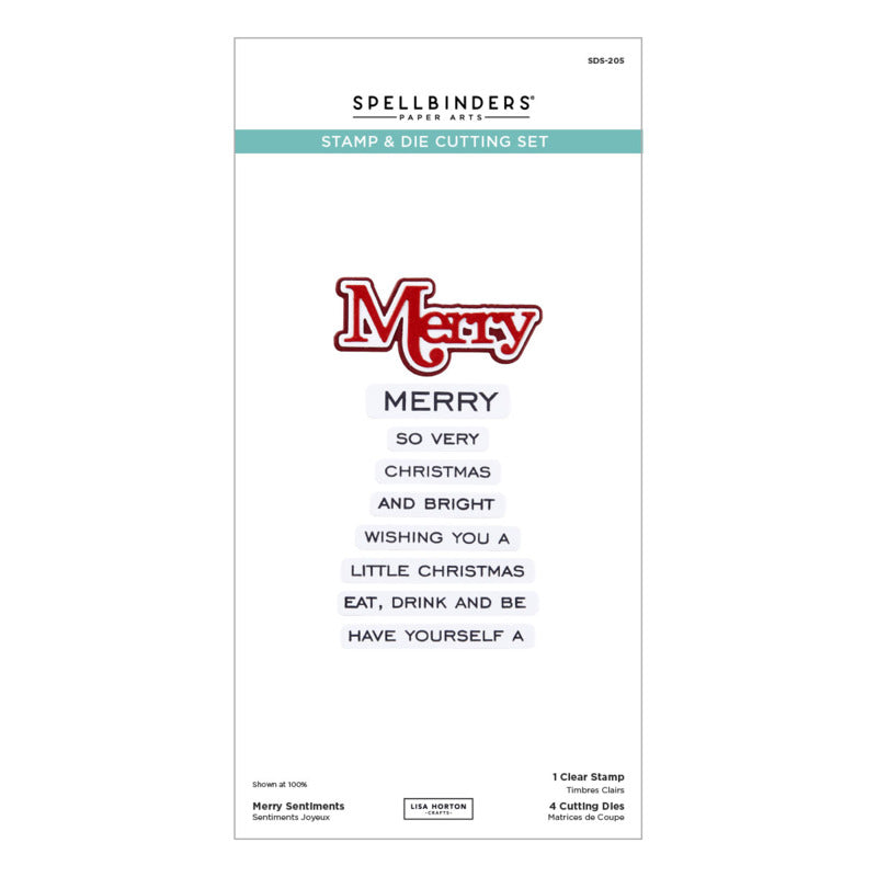 Spellbinders - Clear Stamp & Die Set - All About Christmas - Merry Sentiments. There are eight sentiment stamps that work around the word, Merry. Available at Embellish Away in Bowmanville Ontario Canada.