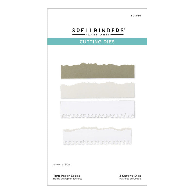 Two dies create different torn edges and the third cuts a torn spiral notebook edge. Available at Embellish Away located in Bowmanville Ontario Canada.