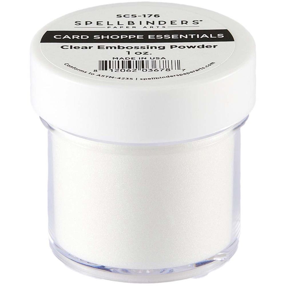 Spellbinders - Embossing Powder - Clear. Clear Embossing Powder is part of the Card Shoppe Essentials Collection and made in the U.S.A. Use this clear embossing powder to add dimension, depth, and shine to your projects. Available at Embellish Away located in Bowmanville Ontario Canada.