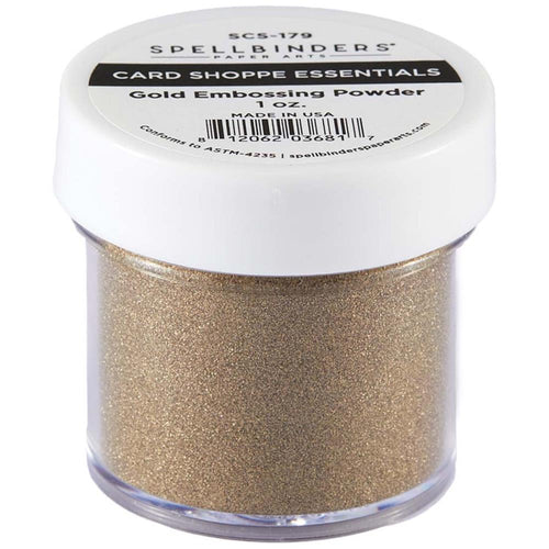 Spellbinders - Embossing Powder - Gold. Gold Embossing Powder is part of the Card Shoppe Essentials Collection and made in the U.S.A. Use this clear embossing powder to add dimension, depth, and shine to your projects. Available at Embellish Away located in Bowmanville Ontario Canada.