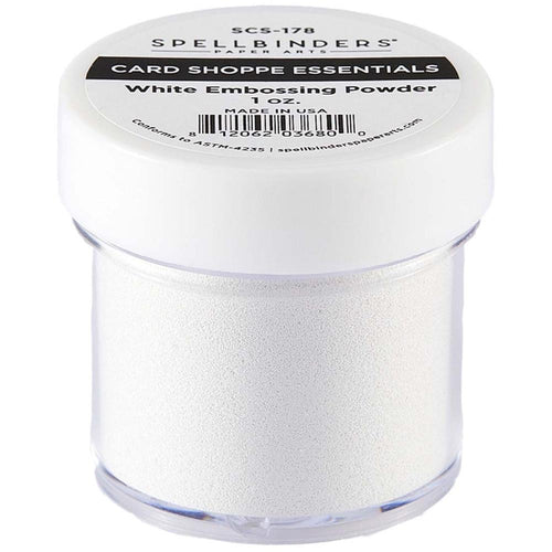 Spellbinders - Embossing Powder - White. White Embossing Powder is part of the Card Shoppe Essentials Collection and made in the U.S.A. Use this clear embossing powder to add dimension, depth, and shine to your projects. Available at Embellish Away located in Bowmanville Ontario Canada.