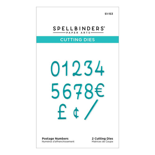 Spellbinders - Etched Dies - Postage Numbers. The Postage Numbers Etched Dies from the Bayfair Collection is a set of 2 thin metal nesting dies that cut out numbers 0-9, as well as currency symbols. Available at Embellish Away located in Bowmanville Ontario Canada.