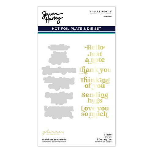 Must-Have Sentiments Glimmer Hot Foil Plate & Die Set is from the Photosynthesis Collection by Simon Hurley. A single plate foils six all occasion sentiments and its coordinating thin metal die cuts them all at once! Available at Embellish Away located in Bowmanville Ontario Canada.