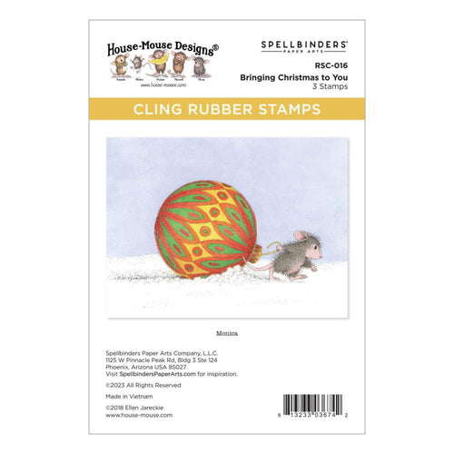 Spellbinders - House Mouse - Cling Rubber Stamp - Bringing Christmas To You. Determined Monica is bringing a larger-than-life ornament to decorate a Christmas tree. Available at Embellish Away located in Bowmanville Ontario Canada.