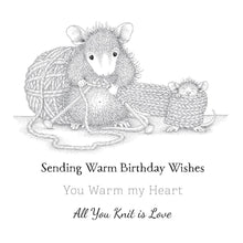 Load image into Gallery viewer, Spellbinders - House Mouse - Cling Rubber Stamp - Knit One. Knit One Cling Rubber Stamp Set is from the House-Mouse Designs Everyday Collection with a set of four stamps. Amanda knits as fast as she can while Monica wraps herself on whats been knitted. Available at Embellish Away located in Bowmanville Ontario Canada. Example by brand ambassador.
