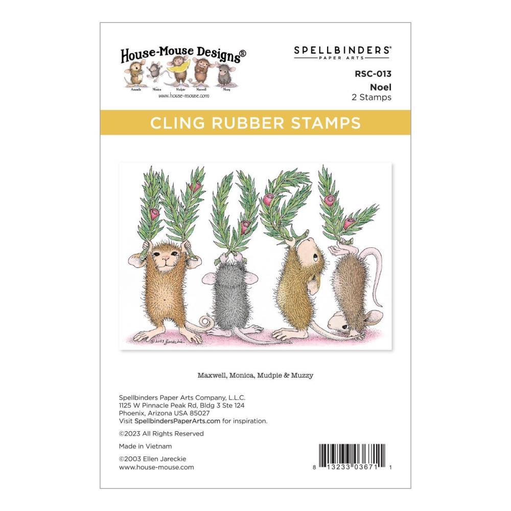Spellbinders - House Mouse - Cling Rubber Stamp - Noel. Noel Cling Rubber Stamp Set is part of the from House-Mouse Designs Holiday Collection with a set of two stamps. This line up of playful mice spells out a leafy NOEL accented with holiday berries. Available at Embellish Away located in Bowmanville Ontario Canada.