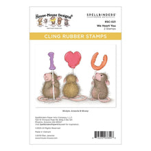 Load image into Gallery viewer, Spellbinders - House Mouse - Cling Rubber Stamp - We Heart You. This set is part of the House-Mouse Designs Everyday Collection with a set of two stamps. Mudpie, Amanda and Muzzie trying their best to line up to spell a heartfelt message! Available at Embellish Away located in Bowmanville Ontario Canada.
