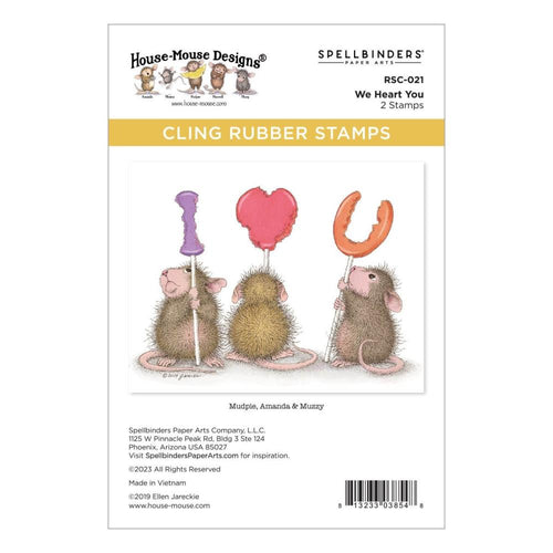 Spellbinders - House Mouse - Cling Rubber Stamp - We Heart You. This set is part of the House-Mouse Designs Everyday Collection with a set of two stamps. Mudpie, Amanda and Muzzie trying their best to line up to spell a heartfelt message! Available at Embellish Away located in Bowmanville Ontario Canada.