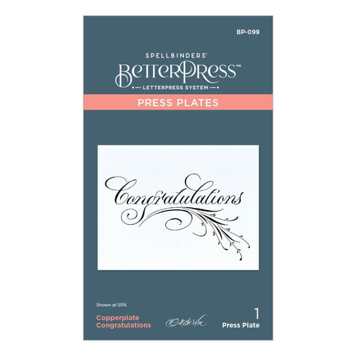 Spellbinders - Press Plate By Paul Antonio - Copperplate - Congratulations. Copperplate Congratulations Press Plate is from the Copperplate Everyday Sentiments Collection by Paul Antonio. Available at Embellish Away located in Bowmanville Ontario Canada.