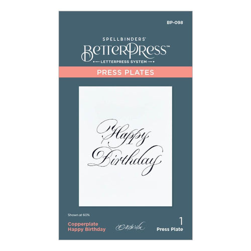 Spellbinders - Press Plate By Paul Antonio - Copperplate - Happy Birthday. Copperplate Happy Birthday Press Plate is part of the Copperplate Everyday Sentiments Collection by Paul Antonio. Available at Embellish Away located in Bowmanville Ontario Canada.