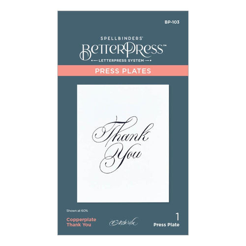 Spellbinders - Press Plate By Paul Antonio - Copperplate - Thank You. Copperplate Thank You Press Plate is from the Copperplate Everyday Sentiments Collection by Paul Antonio. Available at Embellish Away located in Bowmanville Ontario Canada.