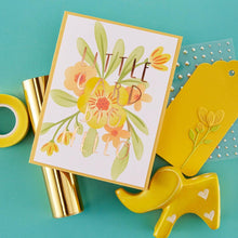 Load image into Gallery viewer, Spellbinders - Stencil &amp; Die Bundle - Hello Blooms. Hello Blooms Die &amp; Stencil Bundle is part of the Glimmer Cardfront Sentiments Collection. Available at Embellish Away located in Bowmanville Ontario Canada. Example by brand ambassador.
