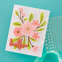 Load image into Gallery viewer, Spellbinders - Stencil &amp; Die Bundle - Hello Blooms. Hello Blooms Die &amp; Stencil Bundle is part of the Glimmer Cardfront Sentiments Collection. Available at Embellish Away located in Bowmanville Ontario Canada. Example by brand ambassador.
