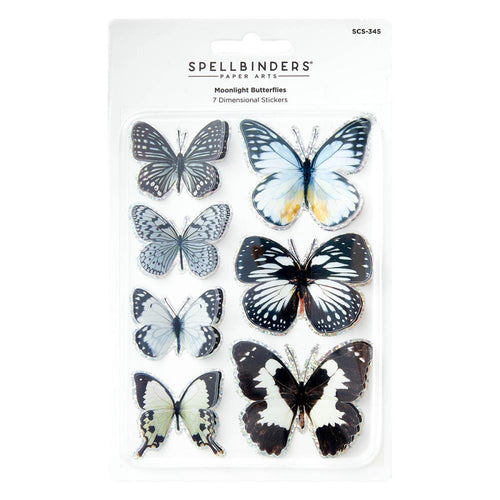 Spellbinders - Timeless Stickers - Moonlight Butterflies. A sheet of seven dimensional butterflies. They can pop off the pages with its beautiful, detailed wings in shades of light grays, pale blues and black. Available at Embellish Away located in Bowmanville Ontario Canada.