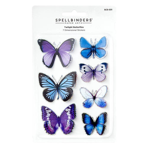 Spellbinders - Timeless Stickers - Twilight Butterflies. A sheet of seven dimensional butterflies. They can pop off the pages with its beautiful, detailed wings in shades of blues and purples. Foiled outlines the shape to give them more interest. Available at Embellish Away located in Bowmanville Ontario Canada.