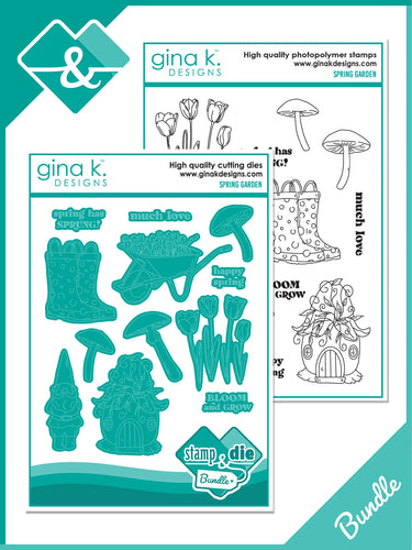 Gina K. Designs - Stamp & Die Set - Spring Garden. Spring Garden is a stamp & die set by Hannah Drapinski. This set is made of premium clear photopolymer and measures 6