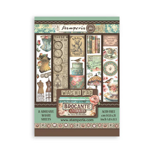 Stamperia - A5 Washi Pad - 8/Pkg - Brocante Antiques. The Washi album is printed on 8 sheets of translucent Washi paper, which is easy to cut. It works best on light surfaces. Available at Embellish Away located in Bowmanville Ontario Canada.