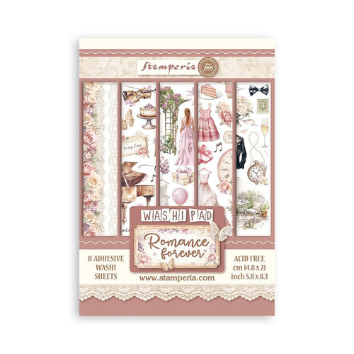 Stamperia - A5 Washi Pad - 8/Pkg - Romance Forever. The Washi album is printed on 8 sheets of translucent Washi paper, which is easy to cut. It works best on light surfaces. Available at Embellish Away located in Bowmanville Ontario Canada.