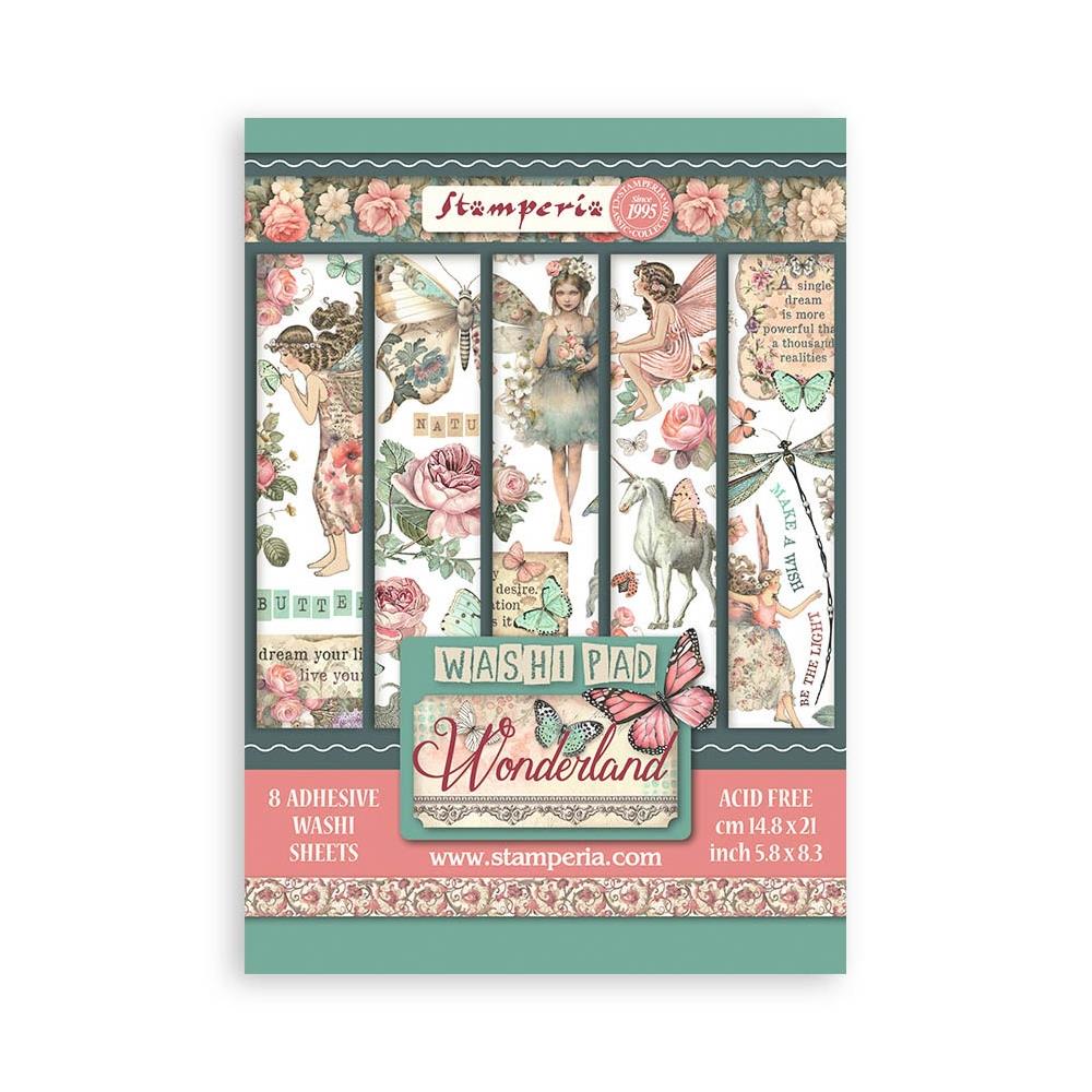 Stamperia - A5 Washi Pad - 8/Pkg - Wonderland. The washi album is printed on 8 sheets of translucent washi paper, which is easy to cut. It works best on light surfaces. Available at embellish Away located in Bowmanville Ontario Canada.