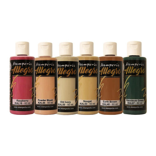Stamperia - Allegro Paint Set - 6/Pkg - Brocante Antiques. This paint is perfect for a variety of craft projects and all surfaces. This package contains Stamperia Allegro Paint Set, non-toxic, six assorted colors. Available at Embellish Away located in Bowmanville Ontario Canada.