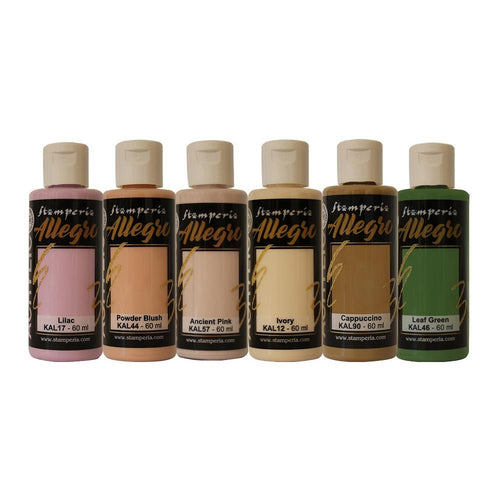 Stamperia - Allegro Paint Set - 6/Pkg - Romance Forever. Suitable for all surfaces. Ideal for mixed media and altered art. This package contains Stamperia Allegro Paint Set, non-toxic, six assorted colors. Available at Embellish Away located in Bowmanville Ontario Canada.