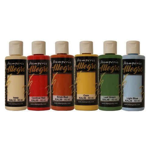 Stamperia - Allegro Paint Set - 6/Pkg - Sunflower Art. This paint is perfect for a variety of craft projects! Suitable for all surfaces. Ideal for mixed media and altered art. Available at Embellish Away located in Bowmanville Ontario Canada.