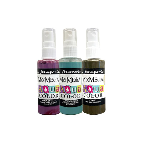 Stamperia - Aquacolor - 3/Pkg - Brocante Antiques. Aquacolors are a water based spray paint. They can be used as a spray or applied with a brush to create a watercolor effect. Available at Embellish Away located in Bowmanville Ontario Canada.