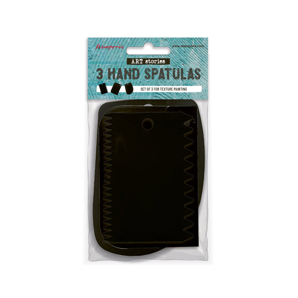 Stamperia - Art Stories Hand Spatulas - 3pc. 3 hand spatulas, flat and smooth or grooved with teeth. At Embellish Away in Bowmanville Ontario Canada.