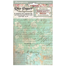 Load image into Gallery viewer, Stamperia - Assorted Rice Paper Backgrounds A6 8/Pkg - Brocante Antiques. Rice papers are wafer thin and can be used for wrapping, decoupage, painting, molding and are perfect for mixed media projects and other paper crafts. Available at Embellish Away located in Bowmanville Ontario Canada.
