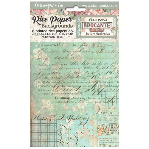 Stamperia - Assorted Rice Paper Backgrounds A6 8/Pkg - Brocante Antiques. Rice papers are wafer thin and can be used for wrapping, decoupage, painting, molding and are perfect for mixed media projects and other paper crafts. Available at Embellish Away located in Bowmanville Ontario Canada.