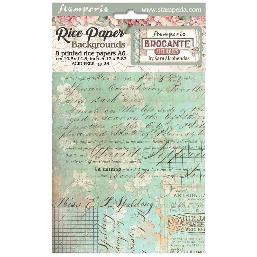 Stamperia - Assorted Rice Paper Backgrounds A6 8/Pkg - Brocante Antiques. Rice papers are wafer thin and can be used for wrapping, decoupage, painting, molding and are perfect for mixed media projects and other paper crafts. Available at Embellish Away located in Bowmanville Ontario Canada.