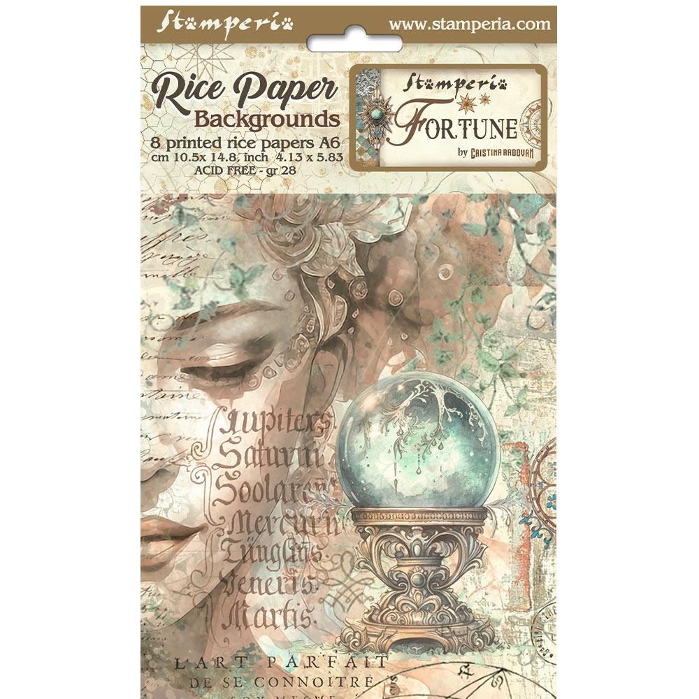 Stamperia - Assorted Rice Paper Backgrounds A6 - 8/Sheets - Fortune. Rice papers are wafer thin and can be used for wrapping, decoupage, painting, molding and are perfect for mixed media projects and other paper crafts. Available at Embellish Away located in Bowmanville Ontario Canada.