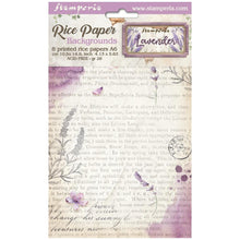 Load image into Gallery viewer, Stamperia - Assorted Rice Paper Backgrounds A6 - 8/Sheets - Lavender. Rice papers are wafer thin and can be used for wrapping, decoupage, painting, molding and are perfect for mixed media projects and other paper crafts. Available at Embellish Away located in Bowmanville Ontario Canada.
