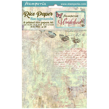 Load image into Gallery viewer, Stamperia - Assorted Rice Paper Backgrounds A6 - 8/Sheets - Wonderland. Rice papers are wafer thin and can be used for wrapping, decoupage, painting, molding and are perfect for mixed media projects and other paper crafts. Available at Embellish Away located in Bowmanville Ontario Canada.
