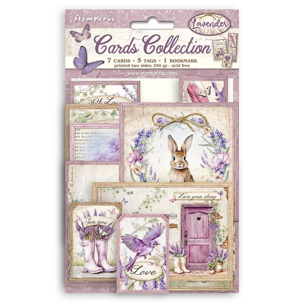 Stamperia - Cards Collection - Lavender. A beautiful card collection in a coordinating theme from Stamperia. Available in a variety of themes, each sold separately. This package contains seven cards, five tags, and one bookmark. Available at Embellish Away located in Bowmanville Ontario Canada.