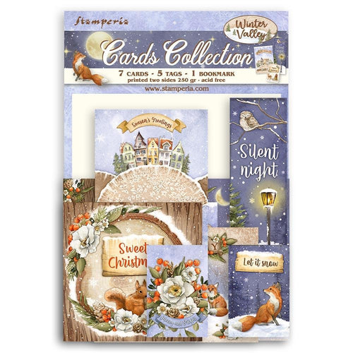 Stamperia - Cards Collection - Winter Valley. A beautiful card collection in a coordinating theme from Stamperia. This package contains Winter Valley, seven cards, five tags and one bookmark. Imported. Available at Embellish Away located in Bowmanville Ontario Canada.