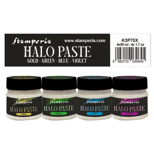 Stamperia - Halo Paste 50ml - 4/Pkg - Assorted. Using a spatula, apply onto a dark surface, preferably black, whether through a stencil or freehand. As it dries, watch the colors undergo a mesmerizing transformation. Available at Embellish Away located in Bowmanville Ontario Canada.