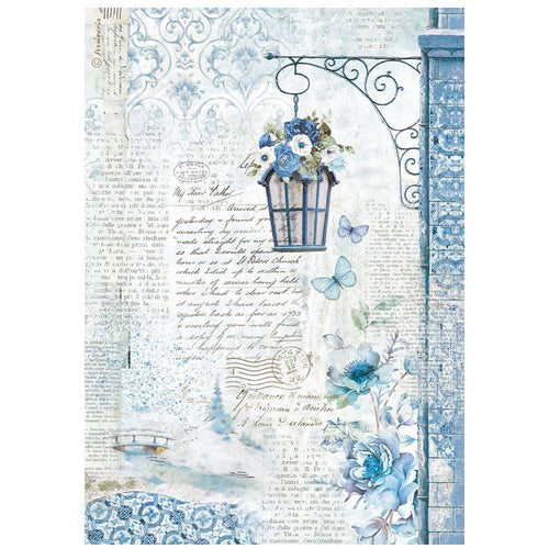 Stamperia - Rice Paper Sheet A4 - Blue Land Lamp. Rice papers can be used for wrapping, decoupage, painting, molding and are perfect for mixed media projects and other paper crafts. Cut or tear the paper or wet it first for a feathered torn edge. Available at Embellish Away located in Bowmanville Ontario Canada.