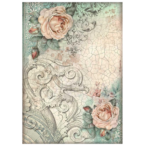 Stamperia - Rice Paper Sheet A4 - Brocante Antiques - Roses. Rice papers are wafer thin and can be used for wrapping, decoupage, painting, molding and are perfect for mixed media projects and other paper crafts. Available at Embellish Away located in Bowmanville Ontario Canada.