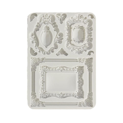 Stamperia - Silicone Mould A5 - Brocante Antiques - Frames. The base keeps the mold suspended and perfectly level, making it easy to use with liquid products like the crystal resin or liquid Gesso. Available at Embellish Away located in Bowmanville Ontario Canada.
