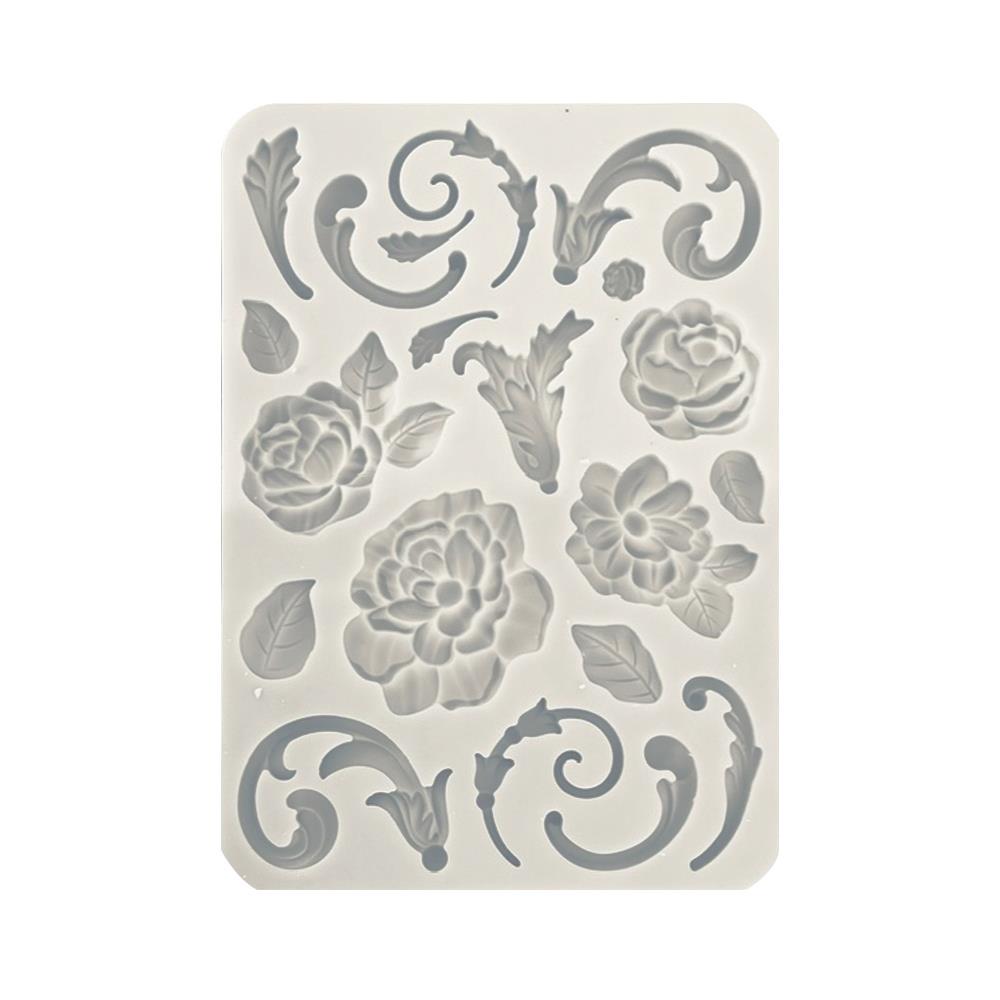Stamperia - Silicone Mould A5 - Flowers And Embellishments. The base keeps the mold suspended and perfectly level, making it easy to use with liquid products like the crystal resin or liquid Gesso. Available at Embellish Away located in Bowmanville Ontario Canada.