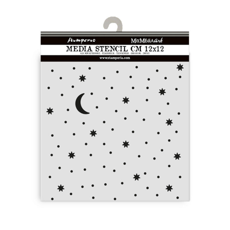 Stamperia - Thick Stencil - Alice in Christmas - Stars And Moon. Size: 12 cm x 12 cm. Available at Embellish Away located in Bowmanville Ontario Canada.