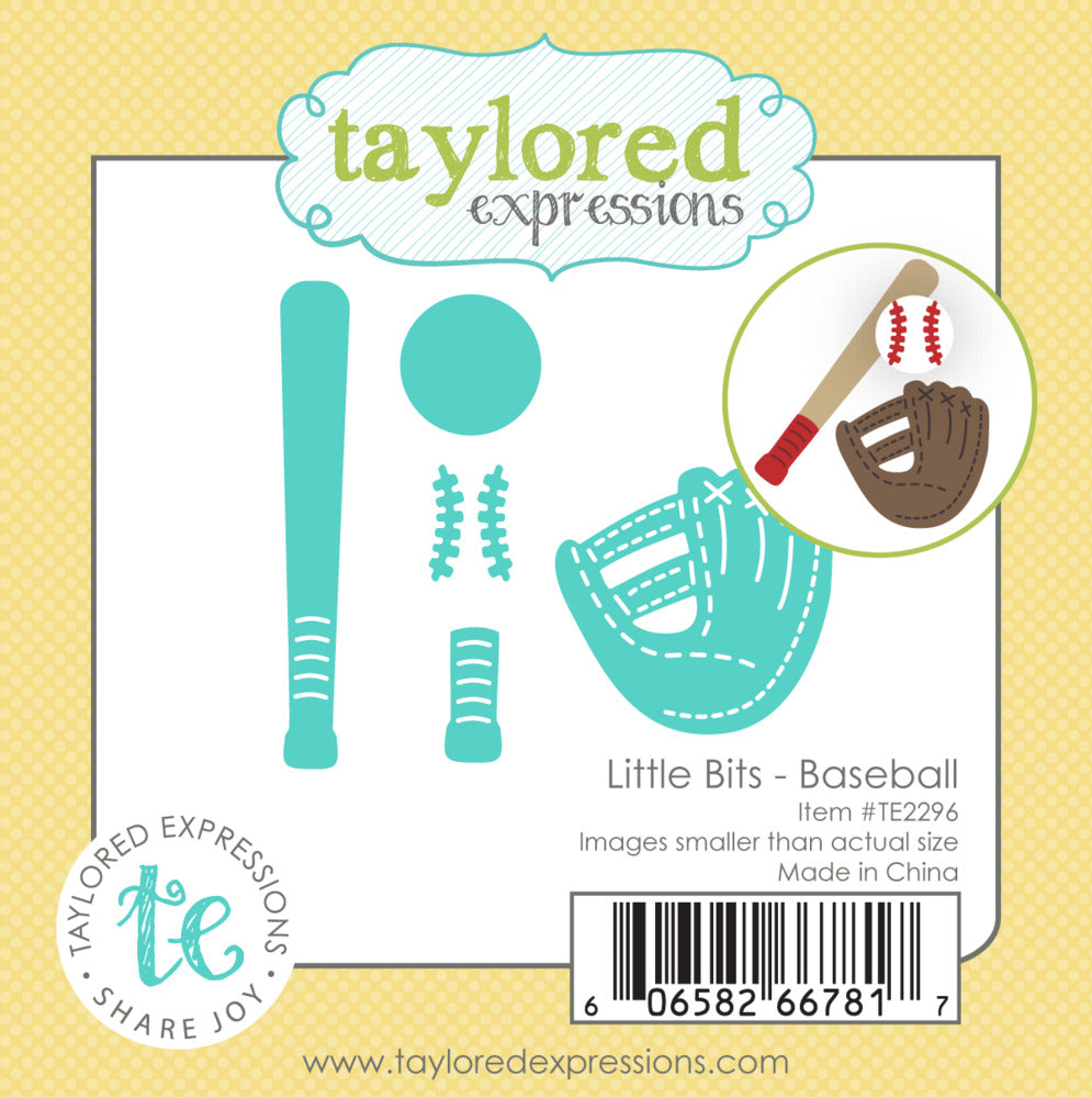 Includes 5 dies. The baseball bat measures 2 3/4 x 3/8 in. and the baseball glove measures 1 1/2 x 1 1/2 in.. At Embellish Away in Bowmanville Ontario Canada.