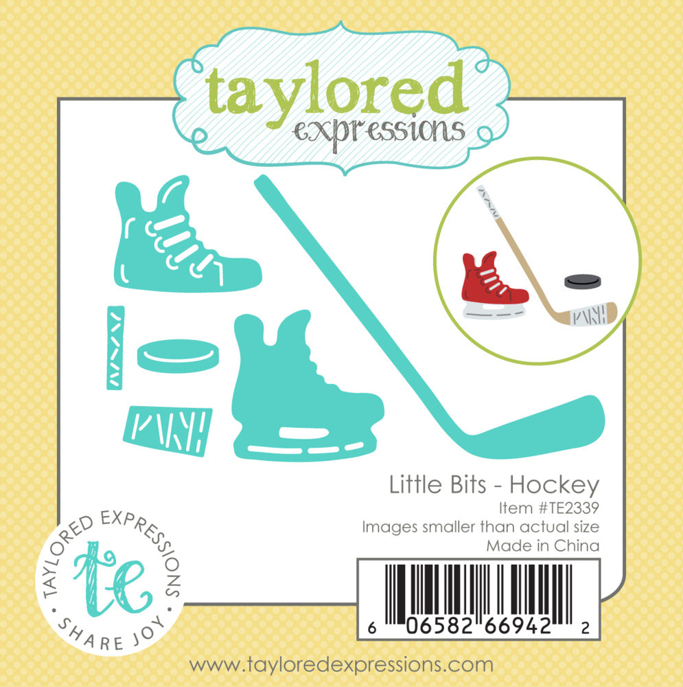 The hockey stick 1 1/4 x 3 1/4 in, the puck 3/4 x 1/4 in, and the skate 1 1/4 x 1 1/4 in. At Embellish Away in Bowmanville Ontario Canada.