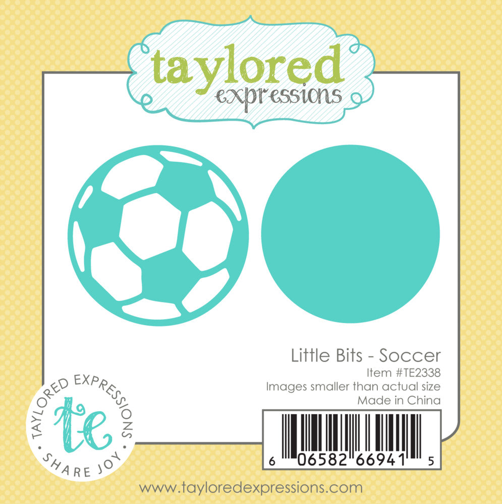 Taylored Expressions - Die - Little Bits - Soccer. Includes 2 dies. The soccer ball measures 1 3/8 x 1 3/8 in.. At Embellish Away in Bowmanville Ontario Canada.