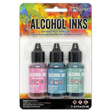 Load image into Gallery viewer, Tim Holtz - Alcohol Ink .5oz - 3/Pkg - Select from Drop Down. The alcohol inks by Ranger are dye based, multi-surface inks. They are acid free, permanent, quick drying and transparent. Available at Embellish Away located in Bowmanville Ontario. Getaway-Cosmopolitan/Bayou/Juniper
